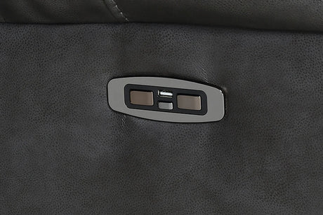 Close-up of grey recliner controls and USB charger