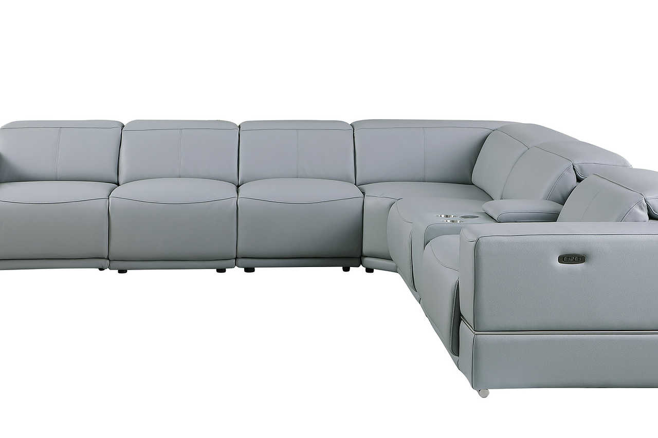 Detail of power recliner on Franco light blue sectional
