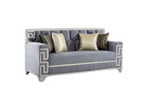 Top angle of Hira Grey Chair highlighting cushions and upholstery