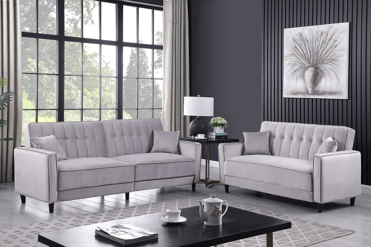 Side angle of Cozy Grey Sofa Bed