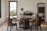 Side view of Luxe Faux Marble Dining Table with stainless steel pedestal base