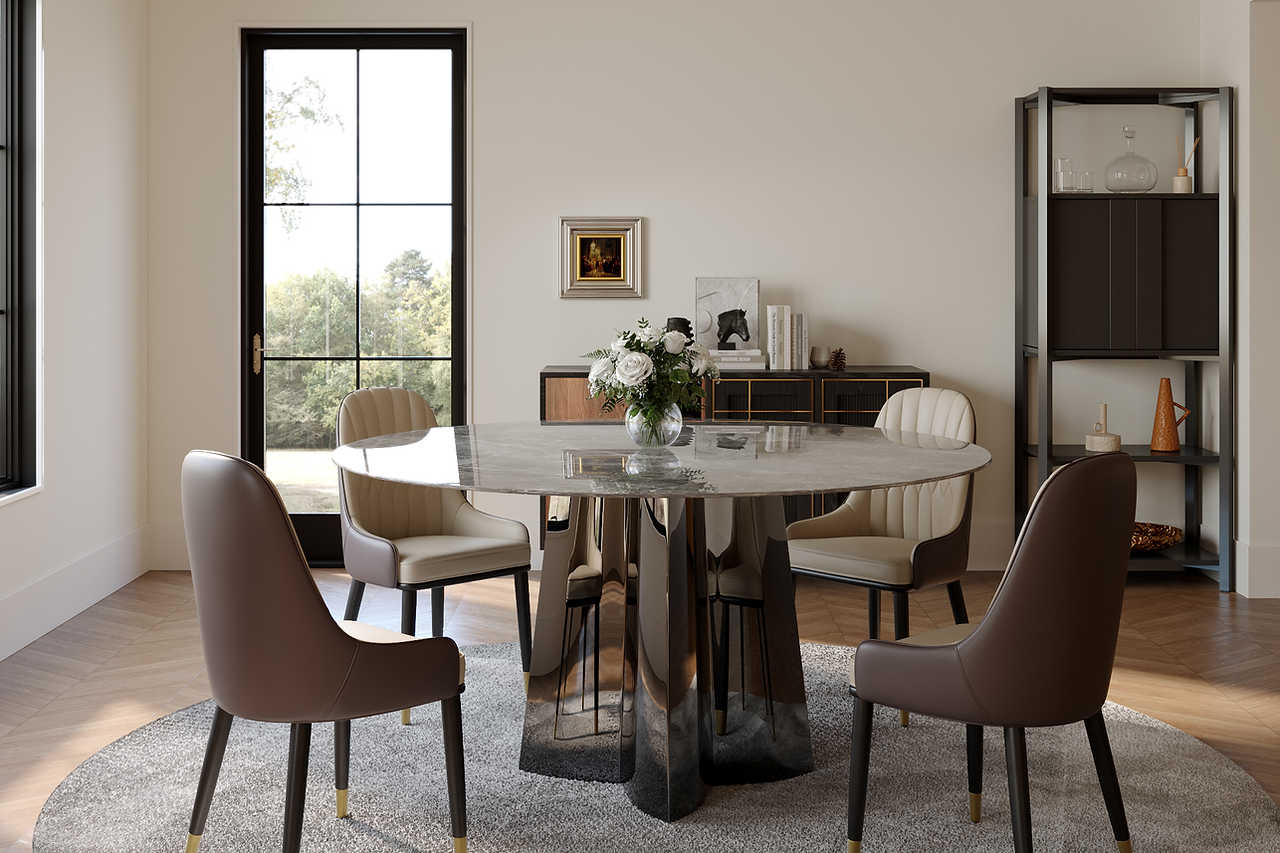 Side view of Luxe Faux Marble Dining Table with stainless steel pedestal base