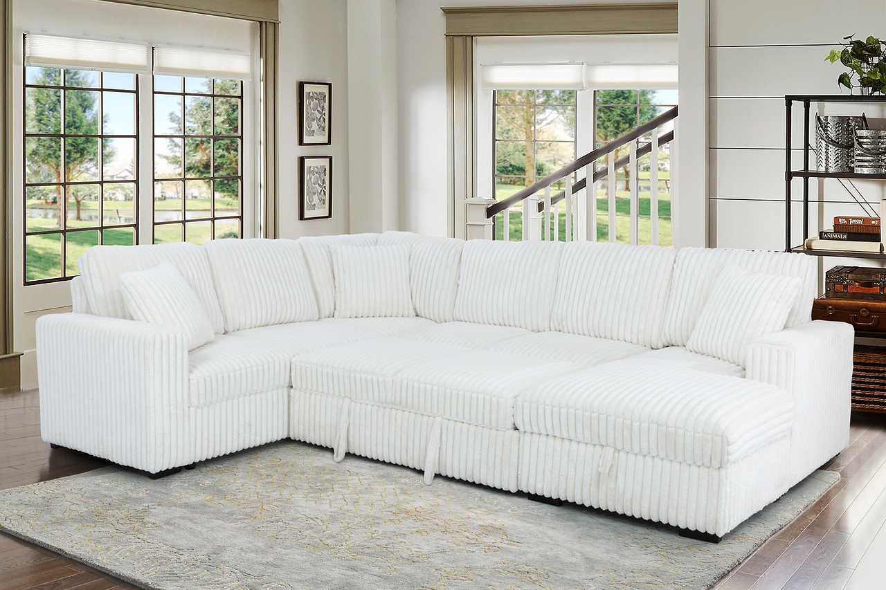 Side view of Raha beige storage sectional with chaise