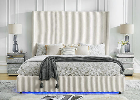 Belinda White Upholstered Panel Queen Bed angled view with LED lighting