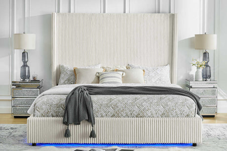 Belinda beige upholstered king platform bed angled view showing LED lighting