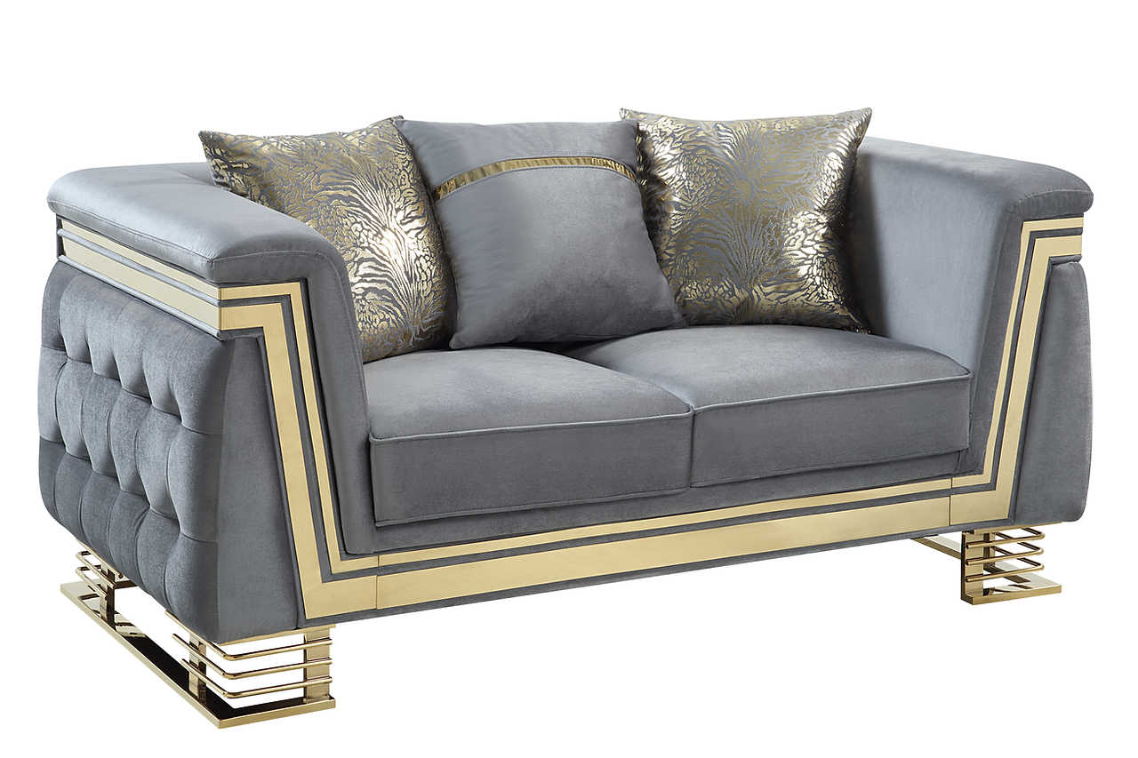 Detail view of Ashton Grey Gold Upholstered Living Room Sofa fabric and arm