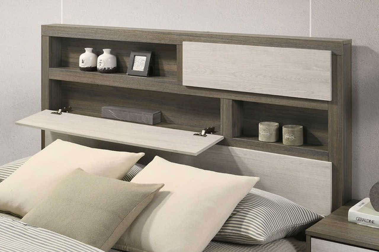 bedroom view of River Light Gray Bookcase Platform Bedroom Set bed
