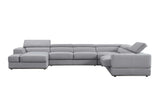 Side angle of Pella Light Gray Leather LAF sectional sofa