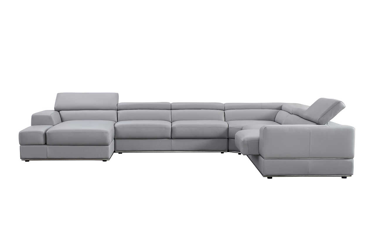 Side angle of Pella Light Gray Leather LAF sectional sofa