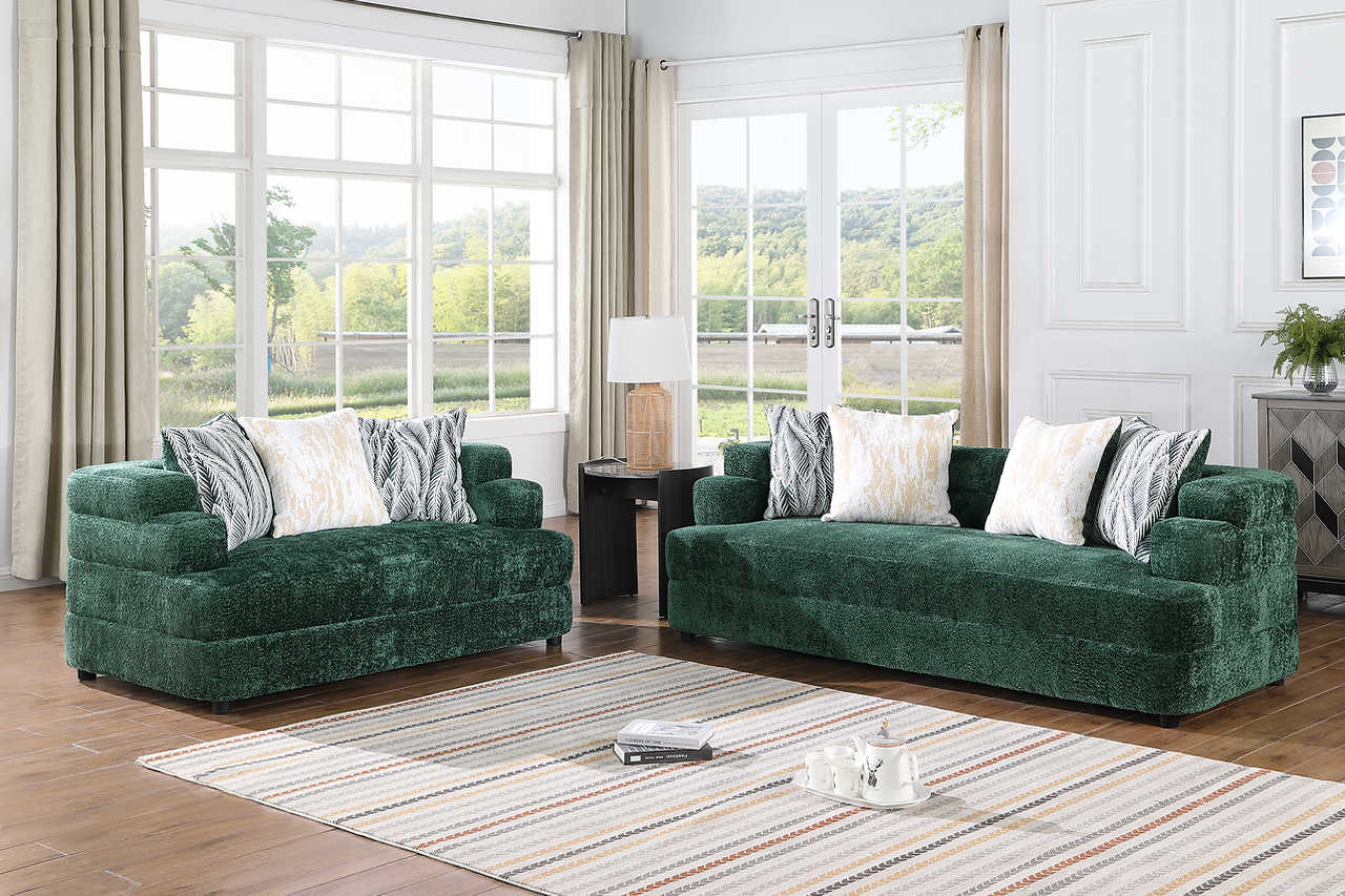 side view of Stepso Green Boucle loveseat