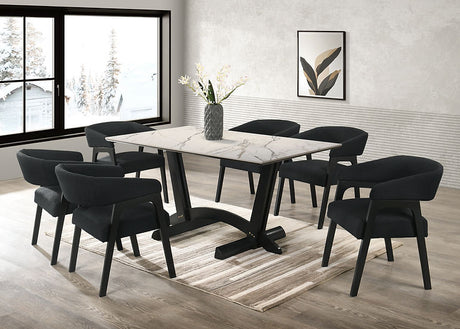Nava dining set with white porcelain top table and black teddy fabric chairs