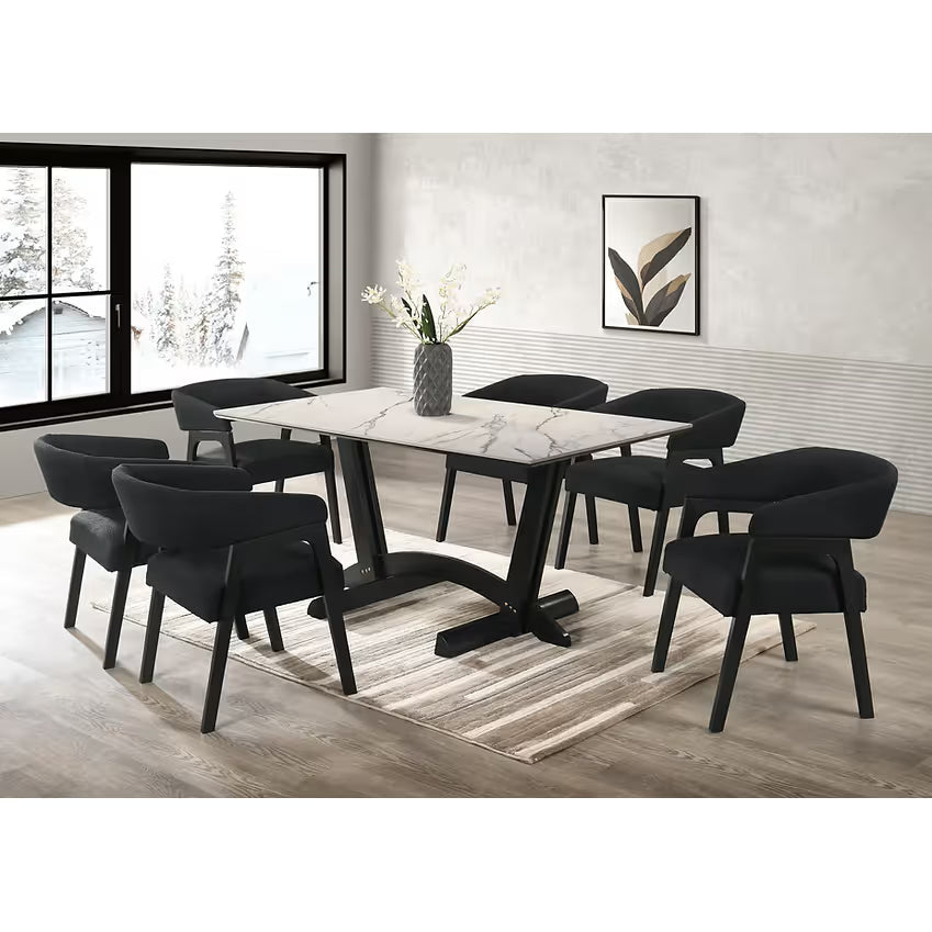 Nava White Porcelain Dining Collection with Black Teddy Fabric Chairs from Decor Furniture