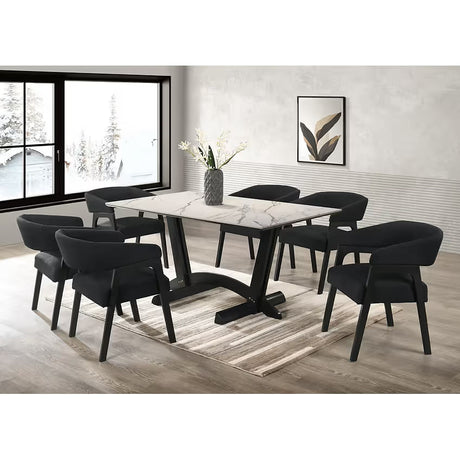 Nava White Porcelain Dining Collection with Black Teddy Fabric Chairs from Decor Furniture