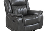 Front angle of Lavon Grey Faux Leather Reclining Sofa