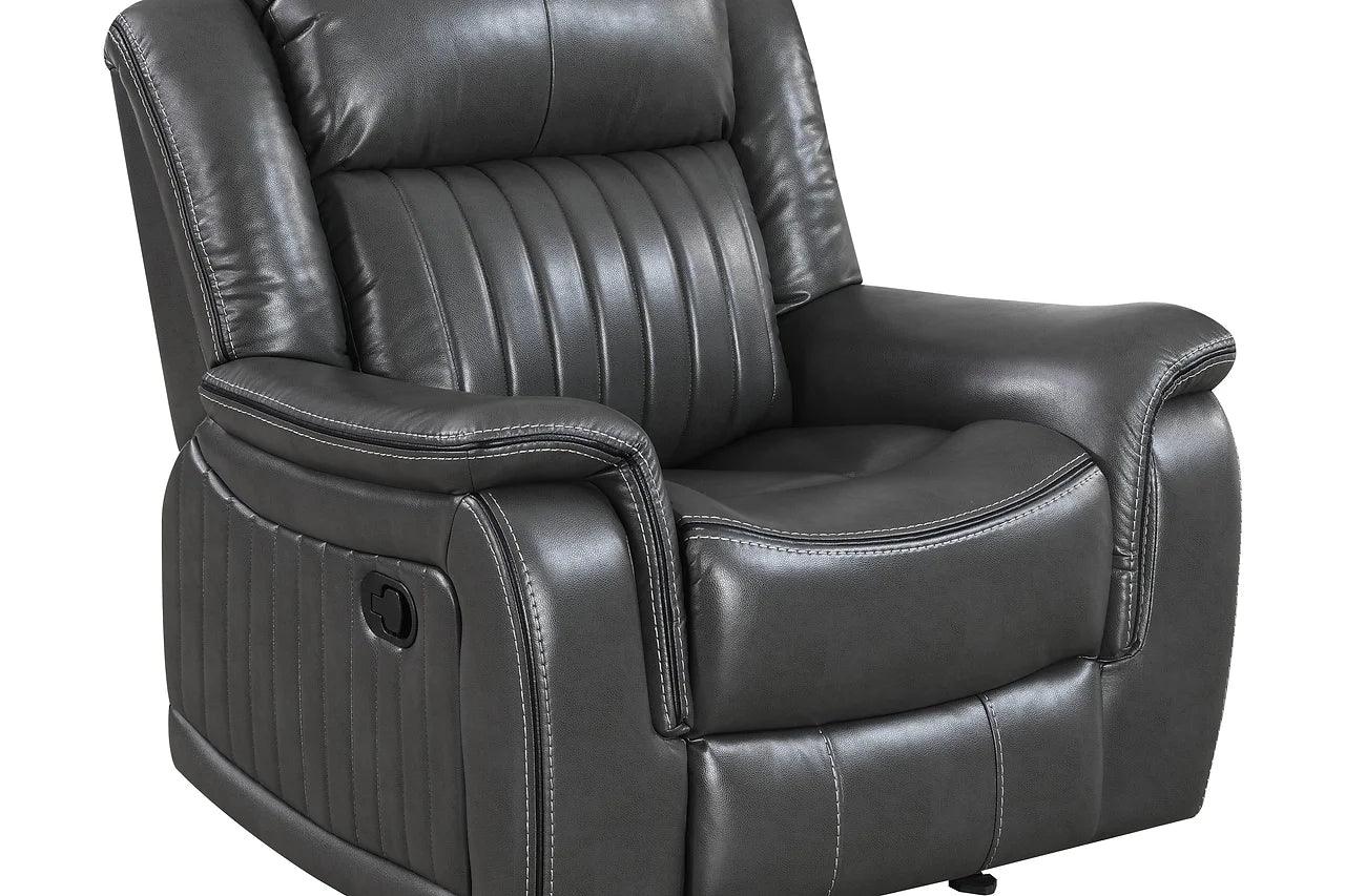 Front angle of Lavon Grey Faux Leather Reclining Sofa