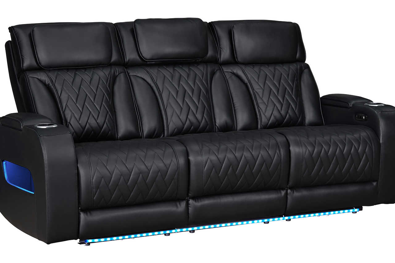 Full set arrangement of black leather power reclining sofa, loveseat, and recliner