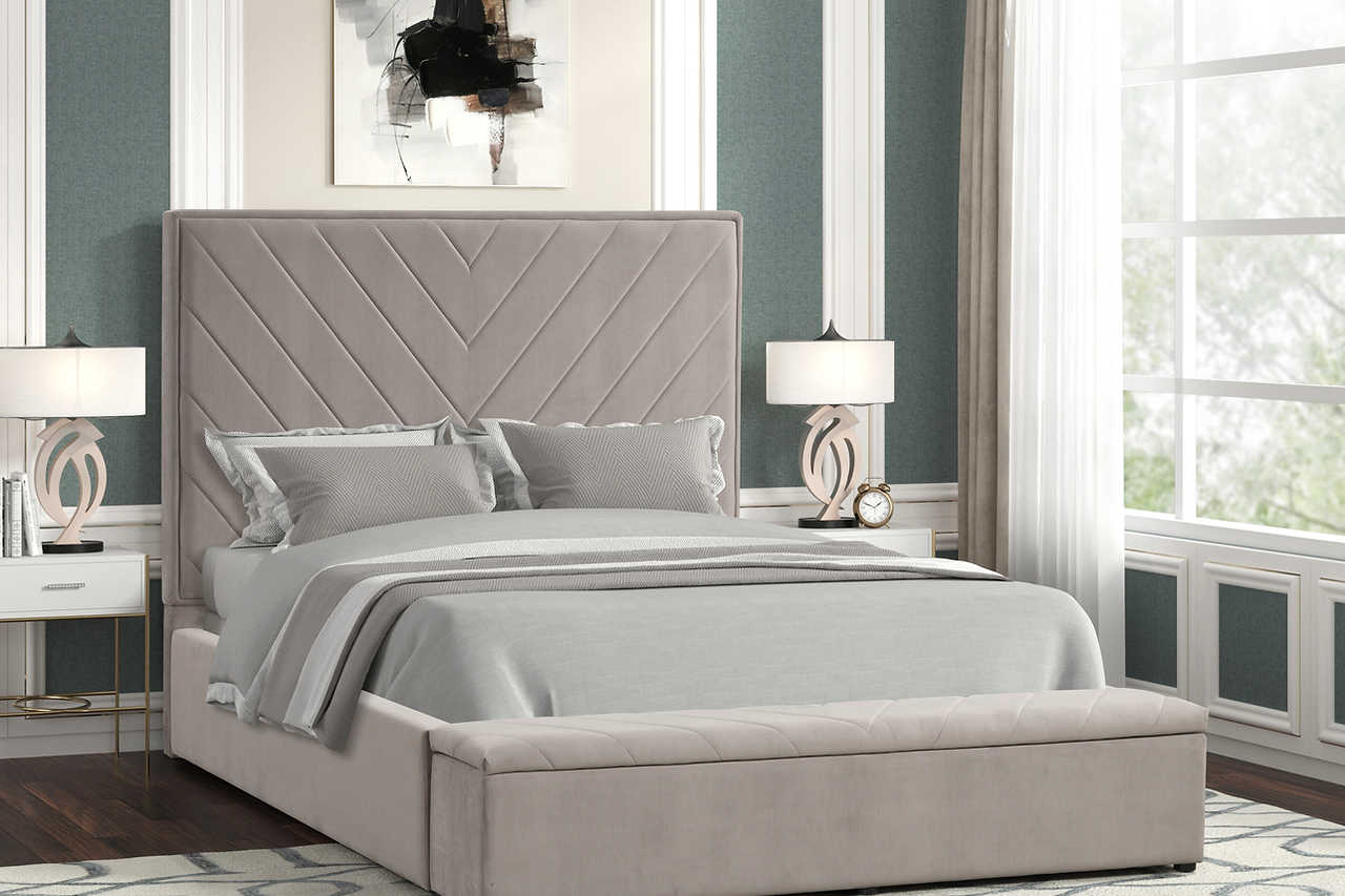 Mio Gray Upholstered Queen Bed angled side view