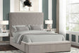 Mio Gray Velvet Upholstered King Panel Bed angled side view