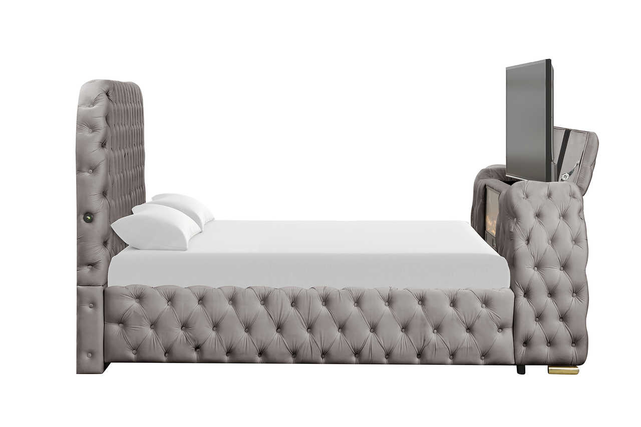 Footboard TV stand holding 50-inch TV