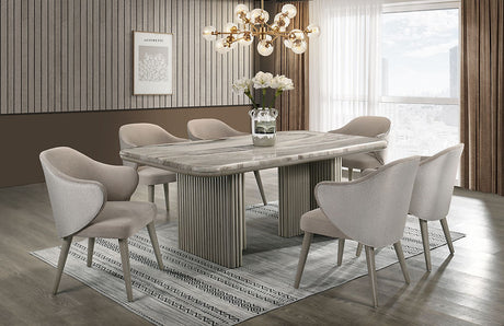 Adriana grey oak dining table with marble top and six salmon fabric chairs dining set
