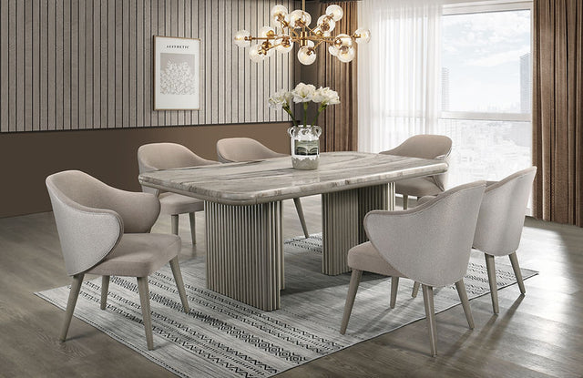 Adriana grey oak dining table with marble top and six salmon fabric chairs dining set