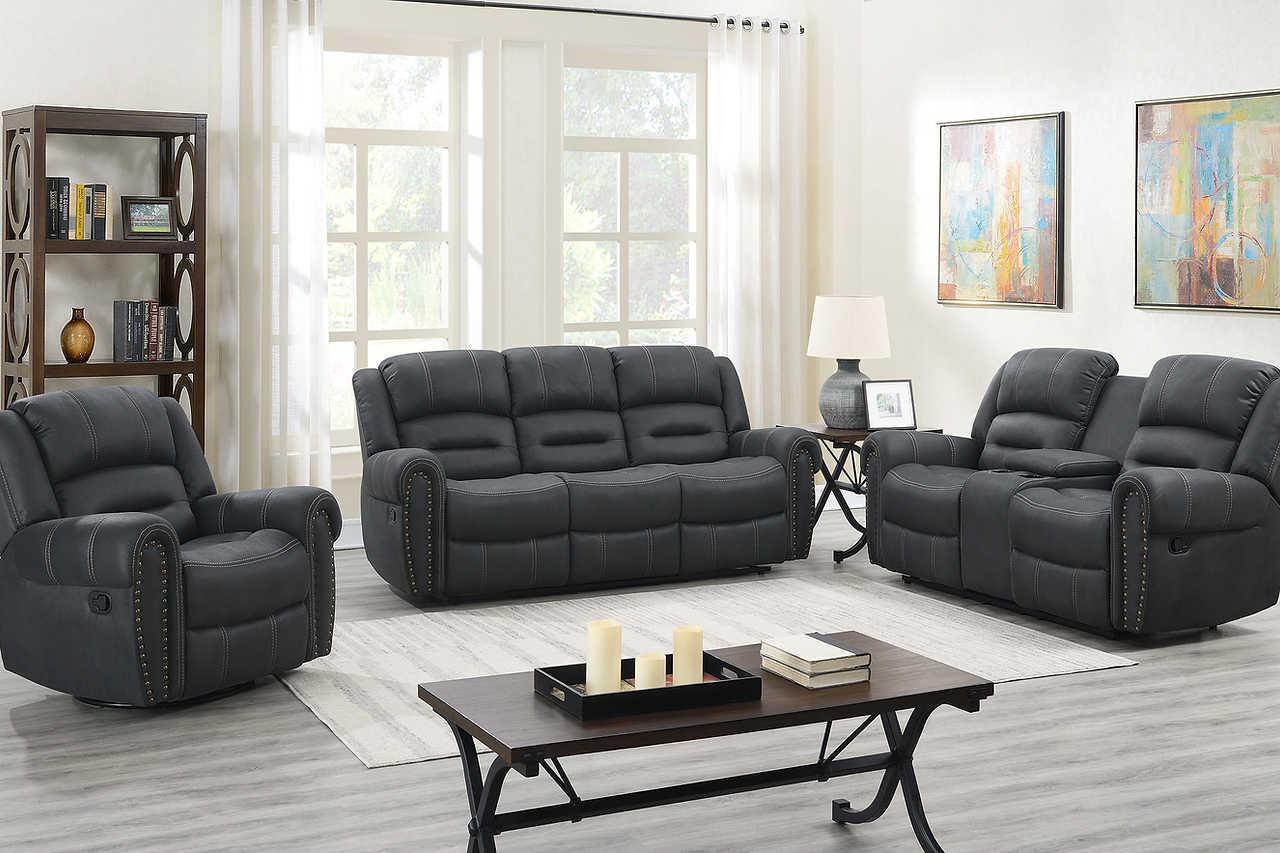 Houston Dark Grey Modern Contemporary Metal Swivel Glider Fabric Reclining Sofa - Ella Furniture