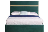 Side view of Cartier modern green velvet platform king bed on solid wood frame