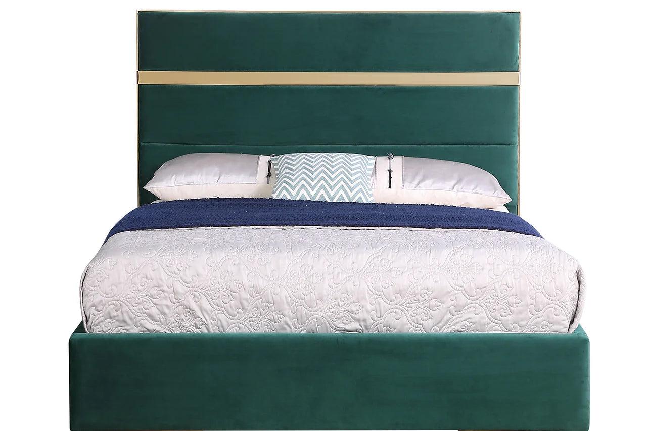 Side view of Cartier modern green velvet platform king bed on solid wood frame