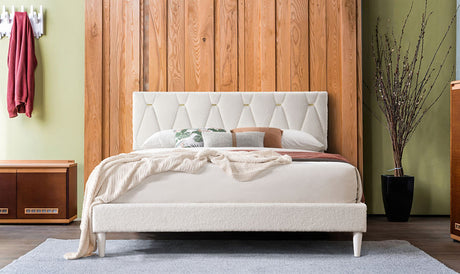 Kiran Cream Upholstered Platform Queen Bed front view