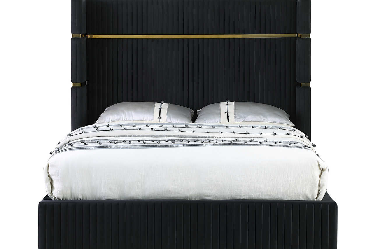 Close-up of black velvet upholstery on Aspen queen bed headboard