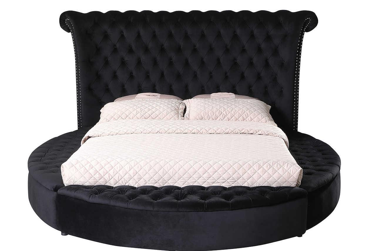 Lux Black Velvet Tufted King Bed side view showing storage drawers