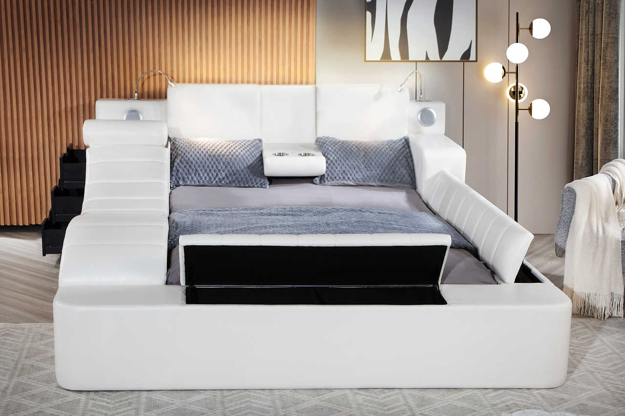Apollo King bed white upholstered frame with LED headboard lighting