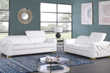 Astra white loveseat with gold accents, side view