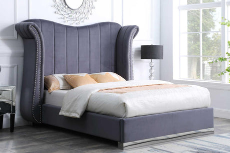 Luna Grey 66"H Velvet Upholstered Queen Bed front view