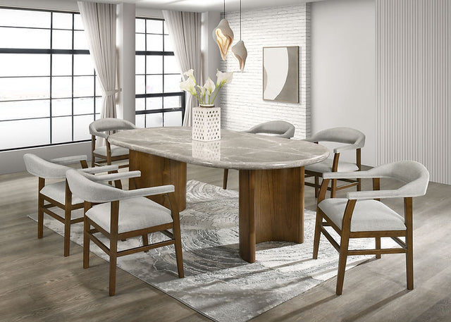 Cyra Marble Oval Dining Room Set showing oval marble table with six dining chairs