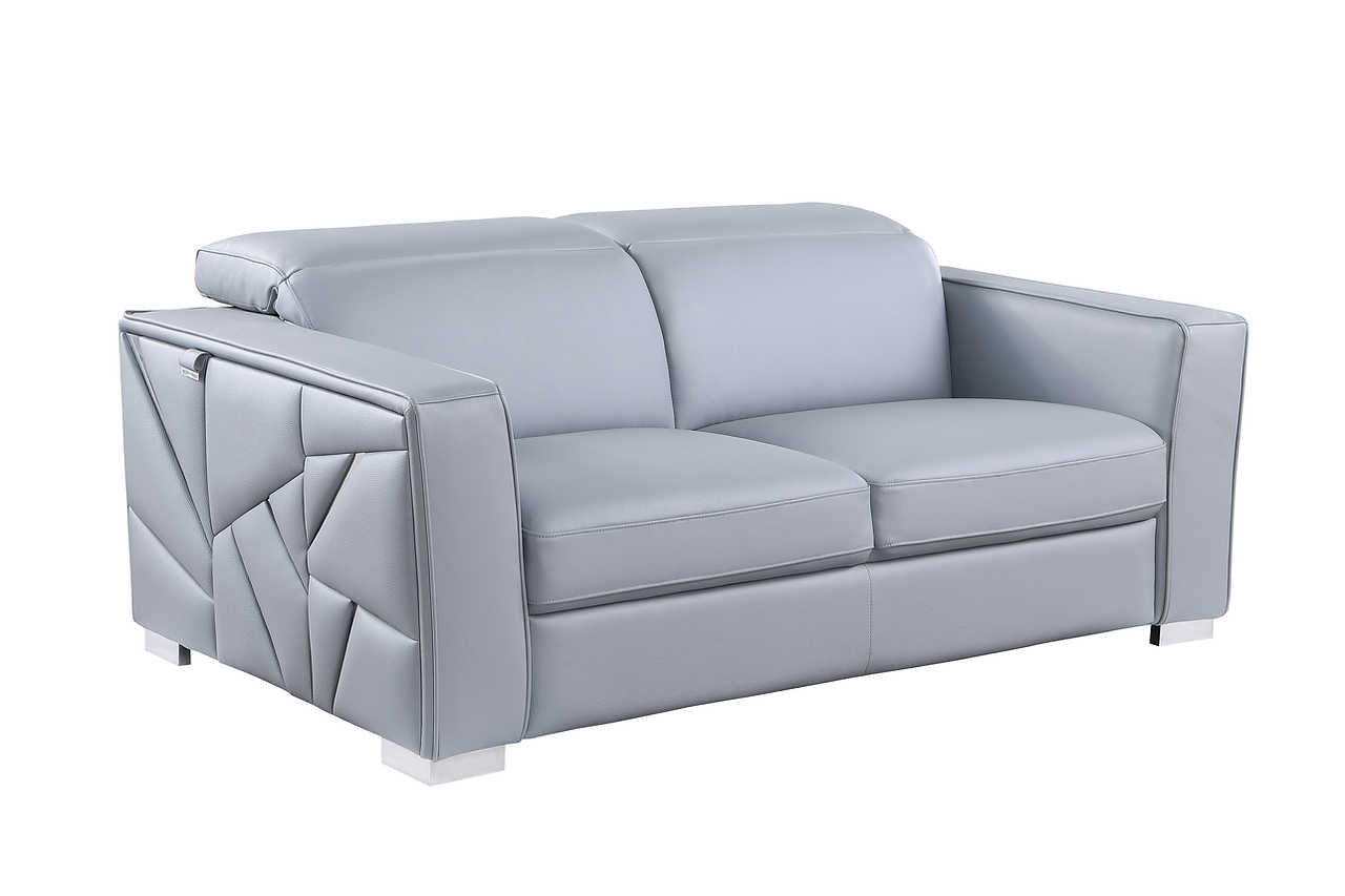 Side view of Astra light blue leather chair
