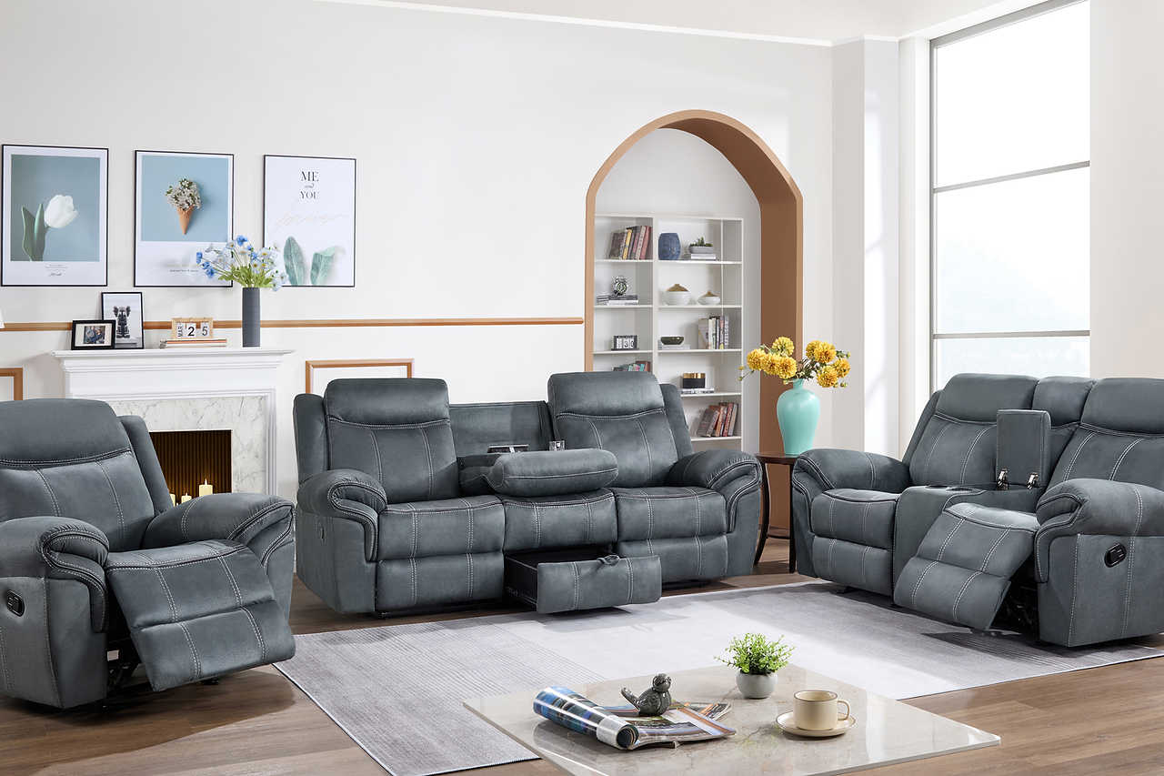 Rio Grande gray microfiber reclining sofa with drop-down table and USB port