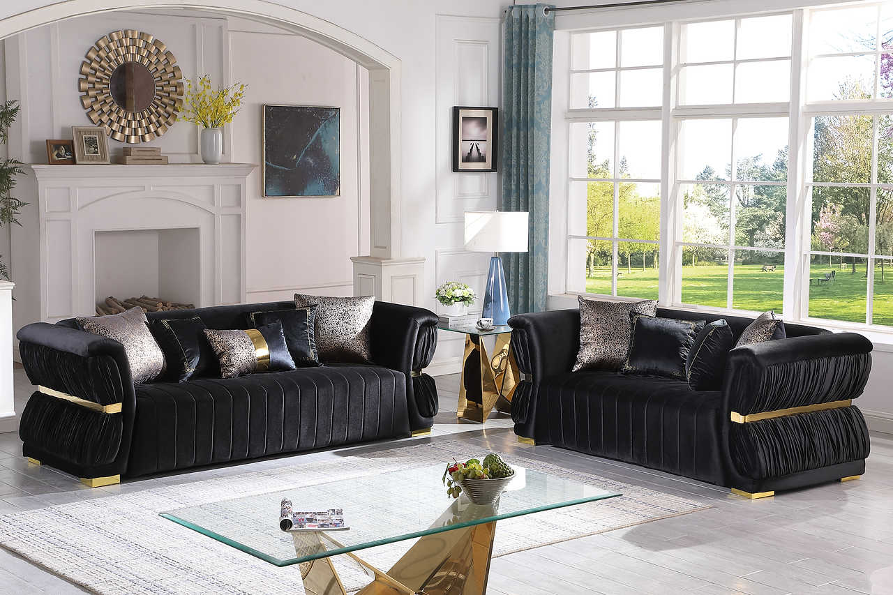 Side view of black velvet Anna Living Room Set loveseat