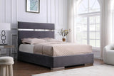 Front view of Cartier grey velvet upholstered platform queen bed