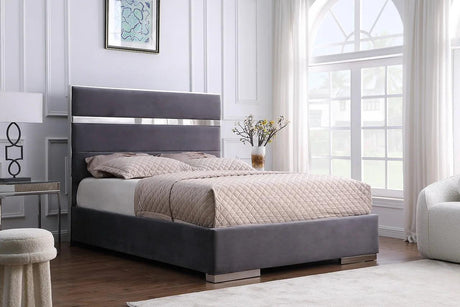 Cartier Grey Gold Velvet Upholstered Platform King Bed front angle