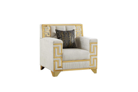 Hira cream upholstered chair with gold metal accents, front view