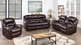 Houston brown reclining sofa with tufted dark brown air leather upholstery and hardwood espresso feet