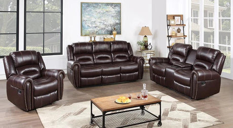 Houston brown reclining sofa with tufted dark brown air leather upholstery and hardwood espresso feet