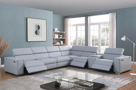 Picasso sectional front angle in light blue leather match upholstery