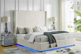 Close-up of beige striped fabric upholstery on Belinda bed