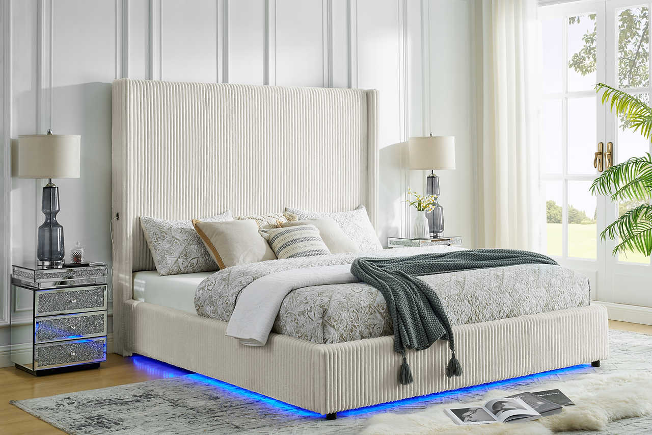 Close-up of beige striped fabric upholstery on Belinda bed