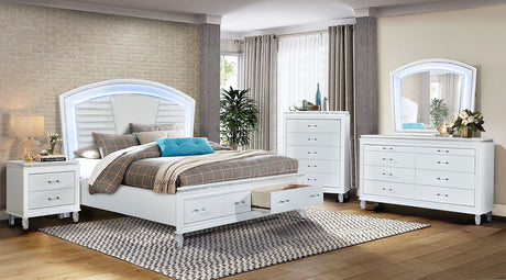 Villa Bedroom Set pearl white faux leather platform bed front view with LED headboard and storage