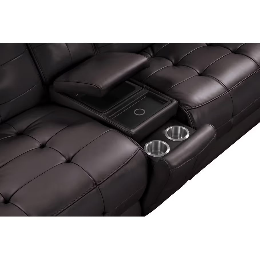 Power reclining sectional sofa seating detail in brown leather