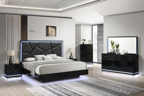 Naomi Black LED Upholstered Panel Bedroom queen bed main view