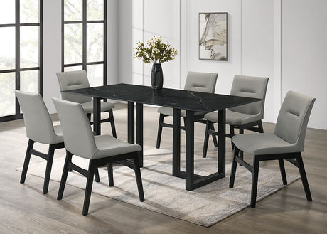main view of Farrin Black Gray Dining Room Set with black porcelain table and gray PU chairs